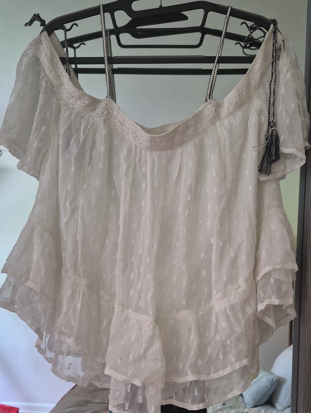 Lucky Brand Ivory Off-Shoulder Ruffle Swiss Dot Blouse